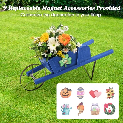 S AFSTAR Wood Wheelbarrow Planter, Small Flower Plant Pot Wheelbarrow Cart with Metal Wheel & 9 Replaceable Magnet Accessories, Wooden Wagon Planter Wheelbarrow for Outdoor Garden Backyard (Blue) - color: Blue