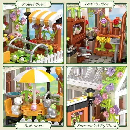 Flower House Building Block for Adults, Garden Architecture Building Toy with LED, Greenhouse Model Building Set, Garden Glass House Building Kit, Christmas & Ideal Gift for Kids 12+ (1188pcs)
