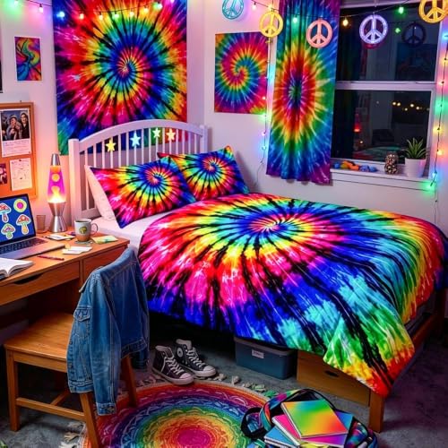 BlessLiving 3-Piece Tie Dye Geometric Comforter Set (Twin), Bohemian Style, Microfiber Bedding for Kids/Girls/Boys - color: Black Purple Blue, size: Twin/Twin XL