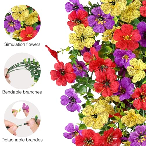 Artificial Flowers for Outdoors Spring Decor, 6 Bundles UV Resistant Realistic Faux Silk Hanging Flowers, Fake Plants for Planter Indoor Outside Garden Porch Patio Balcony Yard Farmhouse（Mix） - color: Mixed Color Red, Yellow & Purple