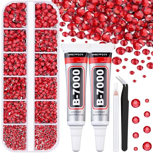 6100Pcs Resin Red Rhinestones for Bedazzling with 2Pcs 10ml B7000 Jewelry Glue, 1 Box Flatback Gems Crystals Diamonds for Makeup Crafting Nail Art - color: Red, size: 1 Small Pack + 2Pc Glue