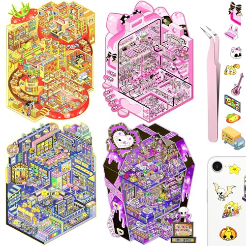 Large 3D Scene Stickers for Adults, Funny 4 Set Room Miniature Stickers - color: Whimsical Place-large 4 Set