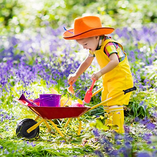 Costzon Kids Wheelbarrow, Metal Construction Toys Kart, Child Wheel Barrel w/Non-Slip Handle, Wearable Wheels, Yard Rover Steel Tray, Tote Dirt/Leaves/Tools in Garden for Toddlers (Red) - color: Red, size: 29" x 14" x 17"( L x W x H )