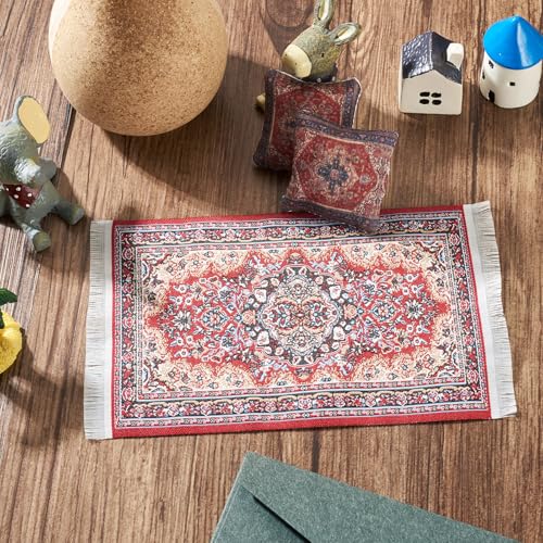 Vintage Miniature Carpets & Cushion Decorations Mini Dollhouse Accessories Small Pillow Rugs Retro Decor for Dollhouse Furniture Mini Living Room 1/12 Scale DIY Crafts Decorations Ornaments - style: Carpets & Cushion - Red