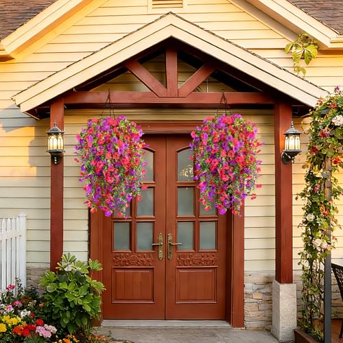 Artificial Hanging Flowers for Outdoors UV Resistant Spring Decor - color: Mixed Color Fuchsia Purple