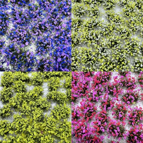 Woohome 4 Pack Miniature Colorful Flower Cluster Self Adhesive Flower Vegetation Groups Static Grass Tufts for Train Landscape Railroad Scenery Sand Military Layout Model - color: 4a