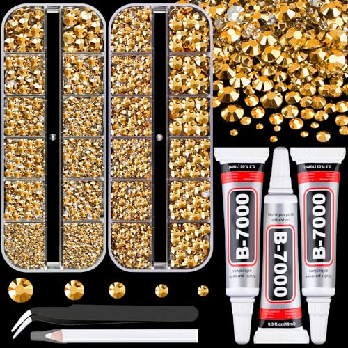 Resin Rhinestones for Crafting with B7000 Jewelry Glue, 2 Boxes Gold Flatback Crystals with 3Pcs 10ml Glue for Bedazzling Crafts DIY Nail Art Makeup，Non Hotfix Gems for Clothing Shoes - color: Copper Gold, size: 2 Small Pack with Glue