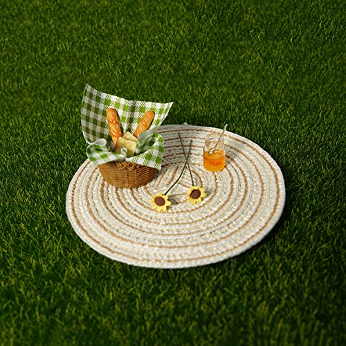Miniature Food Dollhouse Accessories Garden Decor 1:12 Scale Bread Honey Picnic Basket Cloth Flowers 9PCS Garden Decoration Mini Room Display Props Model (Green Picnic Cloth) - style: Green Picnic Cloth