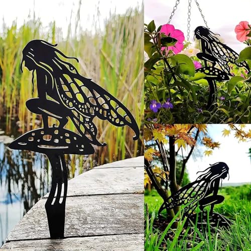 Garden Decoration Fairy Metal Flower Fairy 3-Piece Set Suitable for Yard, Flower Pot, Lawn, Flower Bed Decoration Gifts - color: A-black