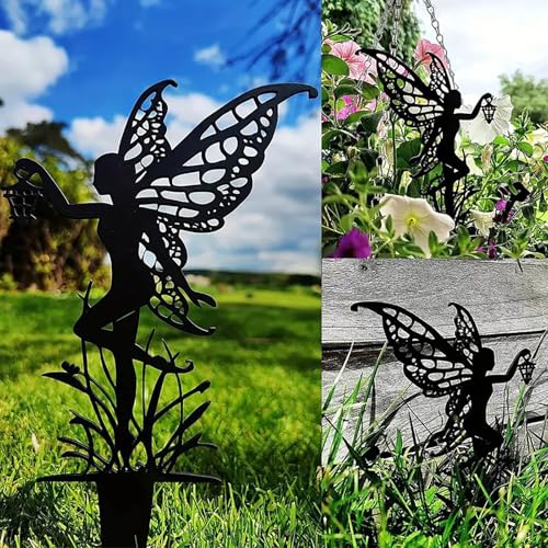 Garden Decoration Fairy Metal Flower Fairy 3-Piece Set Suitable for Yard, Flower Pot, Lawn, Flower Bed Decoration Gifts - color: A-black