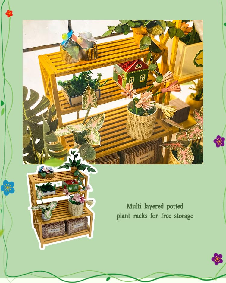 338 PCS DIY Miniature Flower House Kit with LED Light, Greenhouse Dollhouse Building Model, Botanical Craft Kit for Adults and Teens