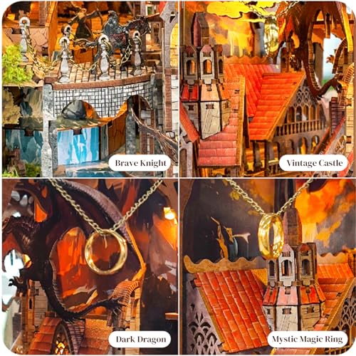 Book Nook Kit, 3D Wooden Puzzle for Adult, 3D Wood Puzzle for Adult, Booknook with LED Light, Gifts for Family, Friend and Book Lovers, Bookshelf Decor(Dragon Valley of the Spirit Ring) - color: Dragon Valley of the Spirit Ring