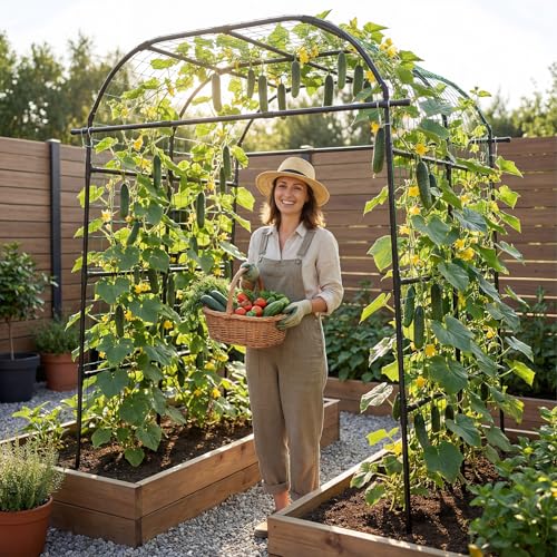 Giantex Metal Garden Arch Trellis for Climbing Plants Outdoor, 7.5FT Tall Adjustable Cucumber Trellis Tunnel for Raised Garden Bed, Extra Wide Garden Trellis Arch Support Vegetables Vine - size: 71"x83"x91"
