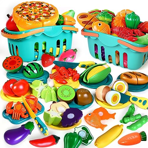 100 Pcs Play Food Set for Kids Kitchen, Pretend Food Toy for Toddlers Age 1-3, Plastics Cutting Fake Food/ Fruit/ Vegetable Accessories with 2 Baskets, Birthday Gifts for 2 3 4 5 Years Old Boys Girls - color: Blue