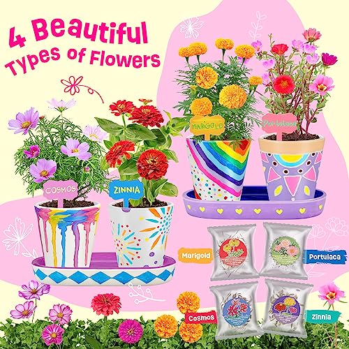 Tekoly 4 Set Paint & Plant Flower Gardening Kit, Gifts for Girls Ages 8-12