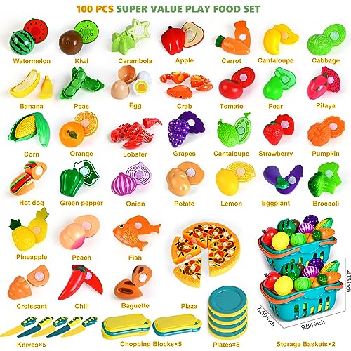 100 Pcs Play Food Set for Kids Kitchen, Pretend Food Toy for Toddlers Age 1-3, Plastics Cutting Fake Food/ Fruit/ Vegetable Accessories with 2 Baskets, Birthday Gifts for 2 3 4 5 Years Old Boys Girls - color: Blue