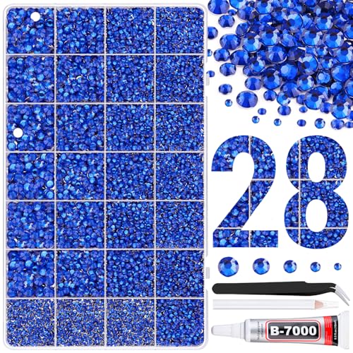 30000Pcs Resin Rhinestones for Bedazzling with Tweezers, Royal Blue Rhinestones for Crafting with B7000 Jewelry Glue for DIY Crafts Clothing Tumblers Shoes Fabric Nail Art - color: Royal Blue, size: X-Large Pack + 1Pc Glue