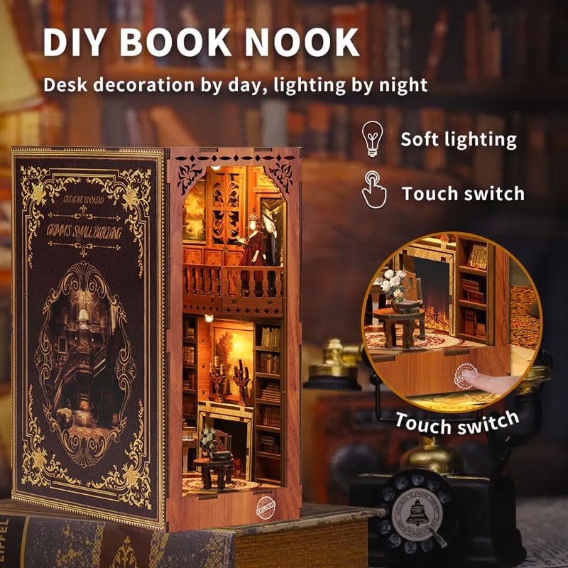 Book Nook kit,DIY Green Building Model Craft Kit with LED Lights,The Miniature Dollhouse Kit Tiny House for Adults Bookshelf.（Green Building） - color: Green Building