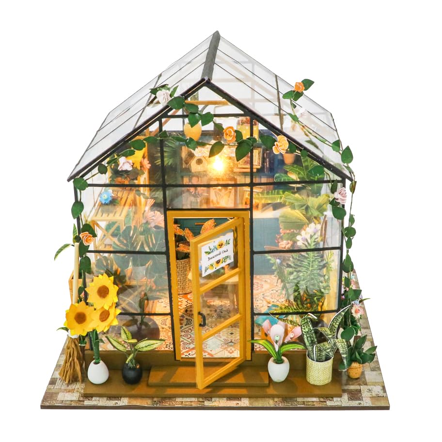 338 PCS DIY Miniature Flower House Kit with LED Light, Greenhouse Dollhouse Building Model, Botanical Craft Kit for Adults and Teens