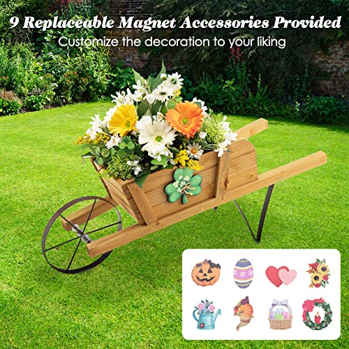 S AFSTAR Wood Wheelbarrow Planter, Flower Plant Pot Cart w/Metal Wheel & 9 Replaceable Magnet Accessories, Wooden Wagon Planter Decor for Outdoor Garden Backyard (Natural) - color: Natural