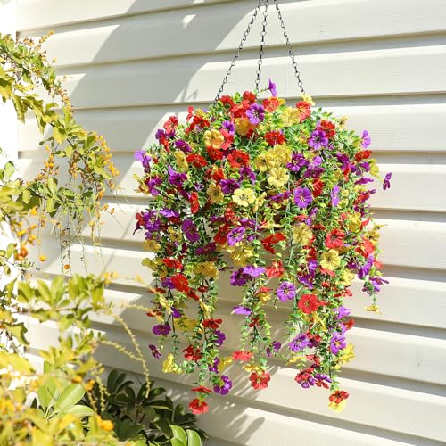 Artificial Flowers for Outdoors Spring Decor, 6 Bundles UV Resistant Realistic Faux Silk Hanging Flowers, Fake Plants for Planter Indoor Outside Garden Porch Patio Balcony Yard Farmhouse（Mix） - color: Mixed Color Red, Yellow & Purple