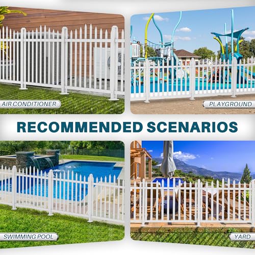 COARBOR 10 Sets 84"x36" Vinyl Picket Fence Panel White PVC Garden Decorative Fence for Yard Border Outdoor Patio Pet Barrier Temporary Small Dog Fence(20x10 Pickets, Scallop) - color: 20 Pickets, Scallop, size: W84" X H36"