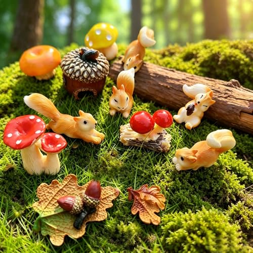 14 Pcs Miniature Squirrel Figurines Mushroom Decors Tiny Resin Squirrel Mushroom Fairy Ornament for Outdoor Landscape Garden Lawn Pot DIY Cake Decorations