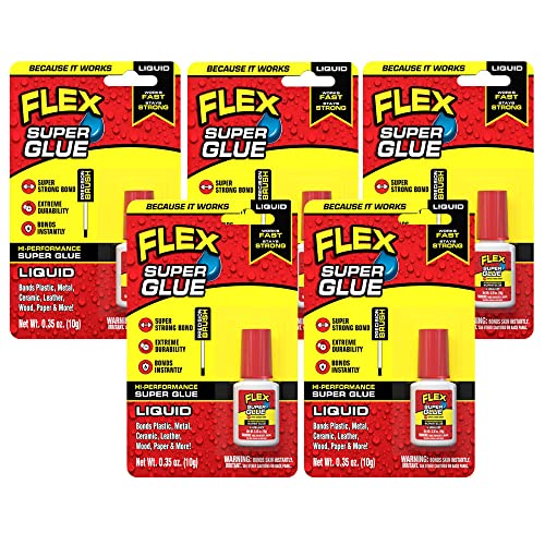 Flex Super Glue Liquid, 10 Gram Brush-On Bottle, 5-Pack, Clear, Instant Bond, Quick Dry, Cyanoacrylate Adhesive, Precision Brush for Wood, Metal, Plastic, Crafts, Ceramic, and Toy Repairs - size: 5-Pack, style: Liquid 10 Gram Brush Top