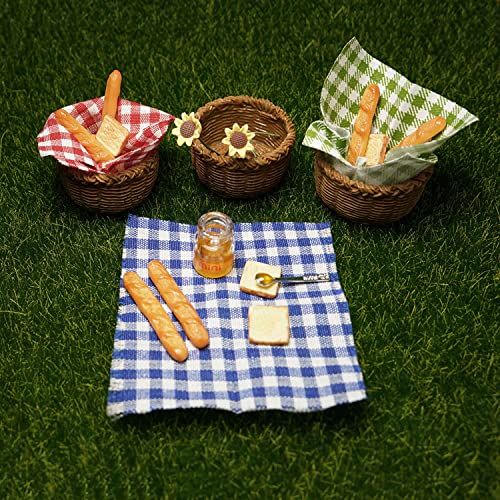 Miniature Food Dollhouse Accessories Garden Decor 1:12 Scale Bread Honey Picnic Basket Cloth Flowers 9PCS Garden Decoration Mini Room Display Props Model (Blue Picnic Cloth) - style: Blue Picnic Cloth