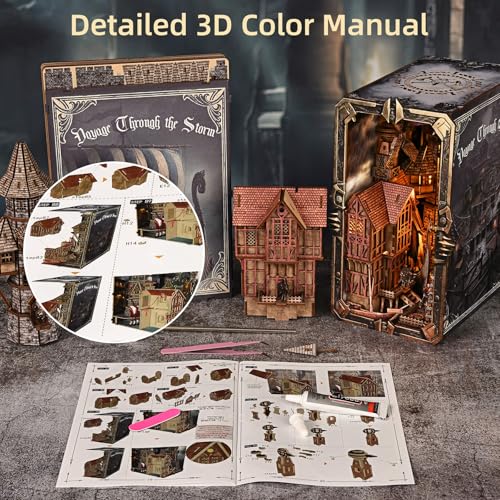 fifijoy Viking Book Nook Kit - DIY Miniature House Dollhouse Kit for Adults Teens, Booknook Tiny House Bookshelf Insert Decor 3D Wooden Puzzle, Gifts for Family, Friends (Voyage Through the Storm) - color: Voyage Through the Storm