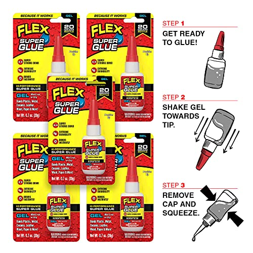 Flex Super Glue Gel, 20 Gram Bottle, 5-Pack, Clear, Instant Bond, Quick Dry, Cyanoacrylate Adhesive, Precision Tip for Wood, Metal, Plastic, Crafts, Ceramic, and Toy Repairs - size: 5-Pack, style: Gel 20 Gram Bottle