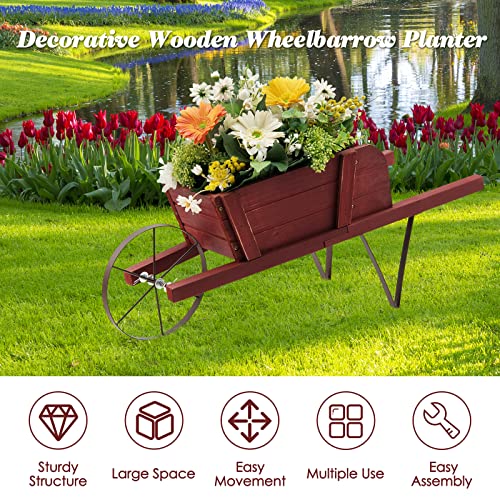 S AFSTAR Wood Wheelbarrow Planter, Flower Plant Pot Wheelbarrow Cart w/Metal Wheel & 9 Replaceable Magnet Accessories, Wooden Wagon Planter Wheelbarrow Decor for Outdoor Garden Backyard (Red) - color: Red
