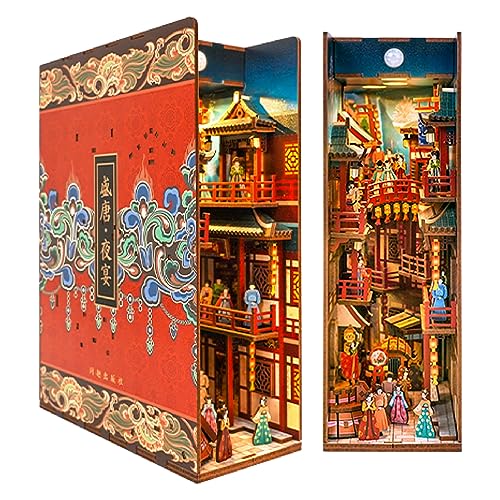 Tonecheer DIY Book Nook Kit for Adults, 3D Wooden Puzzle Bookend Bookshelf Insert Decor, Chinese Booknook Miniature House Kit with Body Motion Sensor LED Light (The Banquet of Tang Dynasty) - color: The Banquet of Tang Dynasty