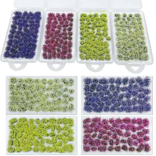 Woohome 4 Pack Miniature Colorful Flower Cluster Self Adhesive Flower Vegetation Groups Static Grass Tufts for Train Landscape Railroad Scenery Sand Military Layout Model - color: 4a