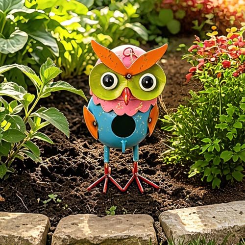 Metal Owl Garden Statues Yard Art Animal Figurines - color: Owl Birdhouse