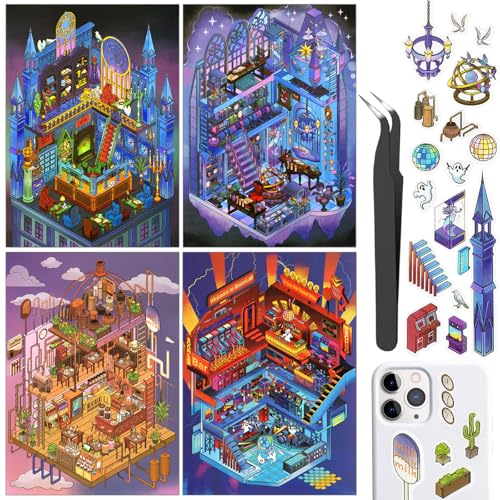 Horror 3D Scene Stickers for Adults, Halloween 4 Set Room Miniature Sticker - color: Ghost Castle-4 Set