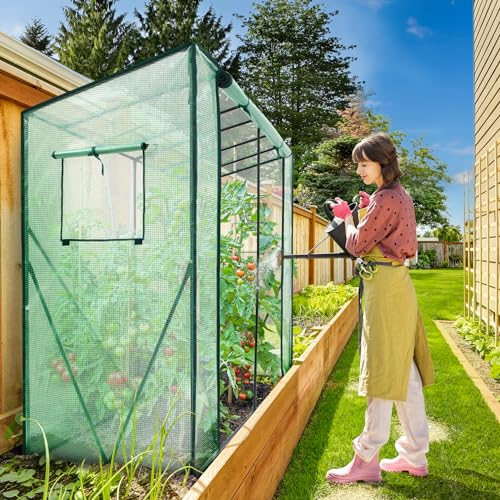 Lean to Greenhouse for Outdoors: Ohuhu Portable Tomato Green House Heavy Duty with Roll-Up Zippered Door, Tall Plastic Greenhouses for Outside Winter Plants Growing Shed for Backyard, 6.6x2.5x5.6 FT - color: Green, size: 6.6' x 2.5' x 5.5'