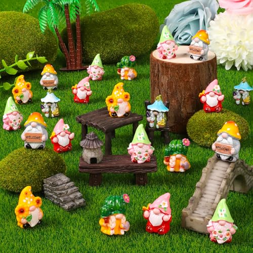 60 Pcs Spring Mini Gnomes Figurines 6 Style Spring Miniature Resin Gnome Decorations with Sunflower Cactus Flowers for Fairy Garden Landscape Aquarium Tiered Tray Home Dollhouse Desk Decor - color: Spring