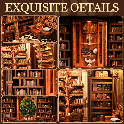 fifijoy DIY Book Nook Kit for Adults - 3D Wooden Puzzle Miniature House Kit with LED Light, Miniature Dollhouse Library Bookshelf Insert Decor, Creative Gift for Family, Friends (Wisdom Rings) - color: Wisdom Rings