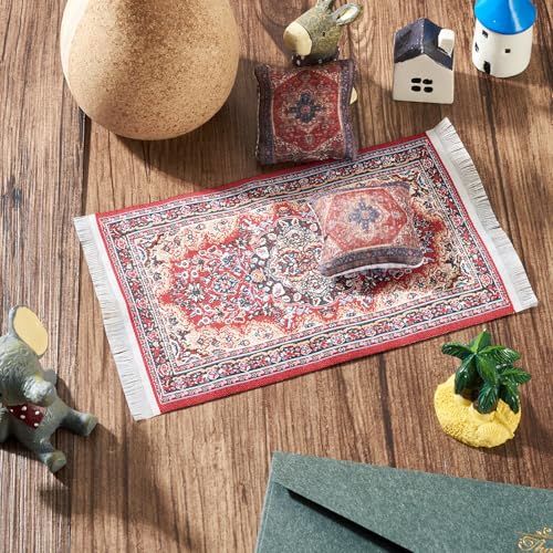 Vintage Miniature Carpets & Cushion Decorations Mini Dollhouse Accessories Small Pillow Rugs Retro Decor for Dollhouse Furniture Mini Living Room 1/12 Scale DIY Crafts Decorations Ornaments - style: Carpets & Cushion - Red