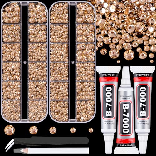 Resin Rhinestones for Crafting with B7000 Jewelry Glue, 2 Boxes Champagne Flatback Crystals with 3Pcs 10ml Glue for Bedazzling Crafts DIY Nail Art Makeup，Non Hotfix Gems for Clothing Shoes - color: Champagne, size: 2 Small Pack with Glue