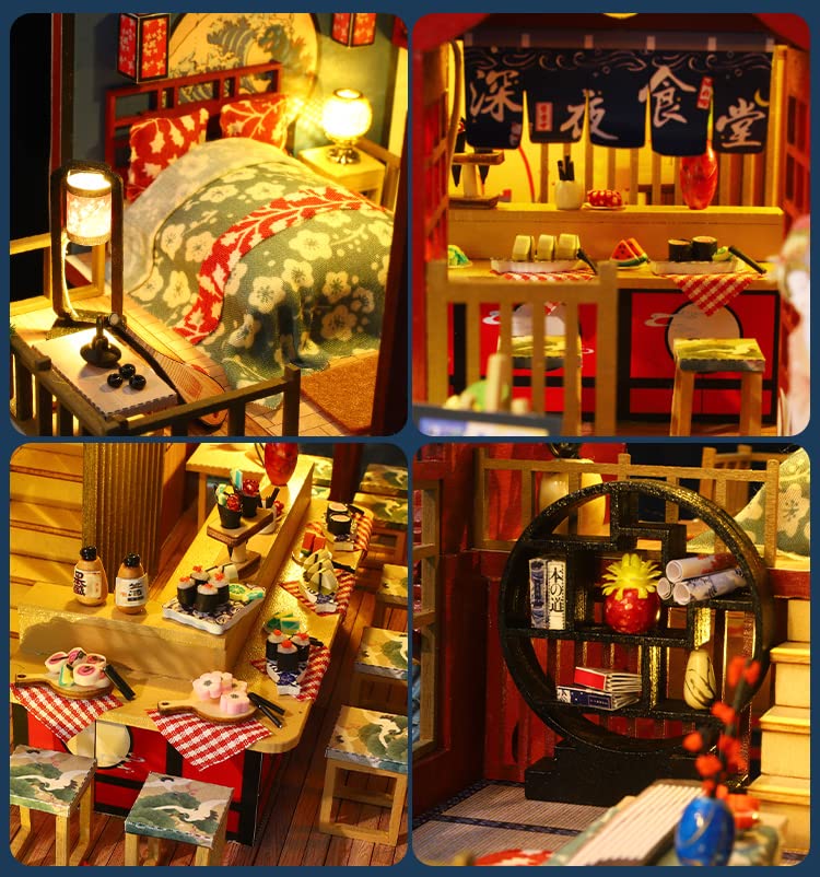 GuDoQi DIY Miniature Dollhouse Kit, 1:24 Scale Tiny House with Music Plant, Model Craft Kit for Adults, Great Handmade Gift for Birthday Christmas Day, Japanese Villa Courtyard - color: Multicolored a