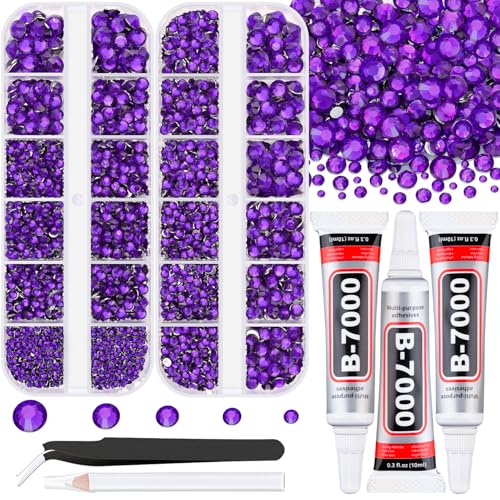 Resin Rhinestones for Crafting with B7000 Jewelry Glue, 2 Boxes Dark Violet Flatback Crystals with 3Pcs 10ml Glue for Bedazzling Crafts Nail Art Makeup, Non Hotfix Gems for Clothing Shoes - color: Dark Purple, size: 2 Small Pack with Glue