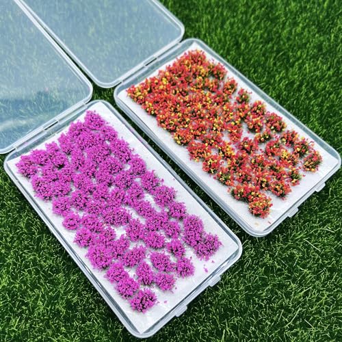 Woohome 2 Pack Miniature Colorful Flower Cluster Self Adhesive Flower Vegetation Groups Pink Orange Static Grass Tufts for Train Landscape Railroad Scenery Sand Military Layout Model - color: 2b