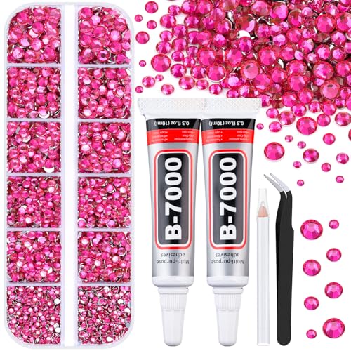 6100Pcs Resin Rhinestones for Crafting with 2Pcs 10ml B7000 Jewelry Glue, 1 Box Flatback Crystals Diamond (Hot Pink) for Bedazzling Crafts DIY Nail Art Non Hotfix Gems for Clothing Shoes - color: Hot Pink, size: 1 Small Pack + 2Pc Glue