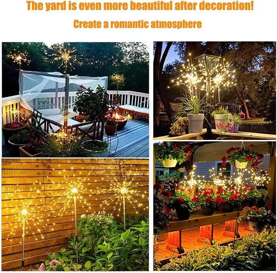 Solar Fireworks Lights for Outside, 200LED 8 Modes Fireworks Solar Lights, Fairy Garden Flowers Lights for Yard Pathway Wedding Party Christmas Diwali Garden Decor 2 Pack (Warm White) - color: Warm White