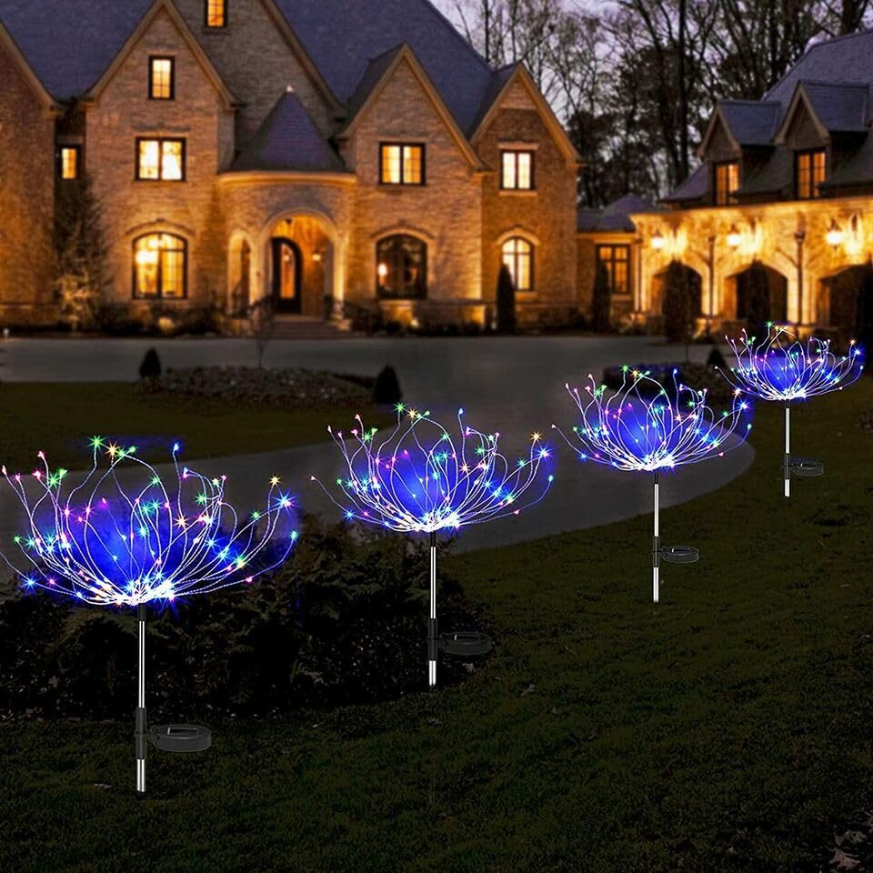 Solar Fireworks Lights for Outside, 200LED 8 Modes Fireworks Solar Lights, Fairy Garden Flowers Lights for Yard Pathway Wedding Party Christmas Diwali Garden Decor 2 Pack (Multicolor) - color: Multicolor