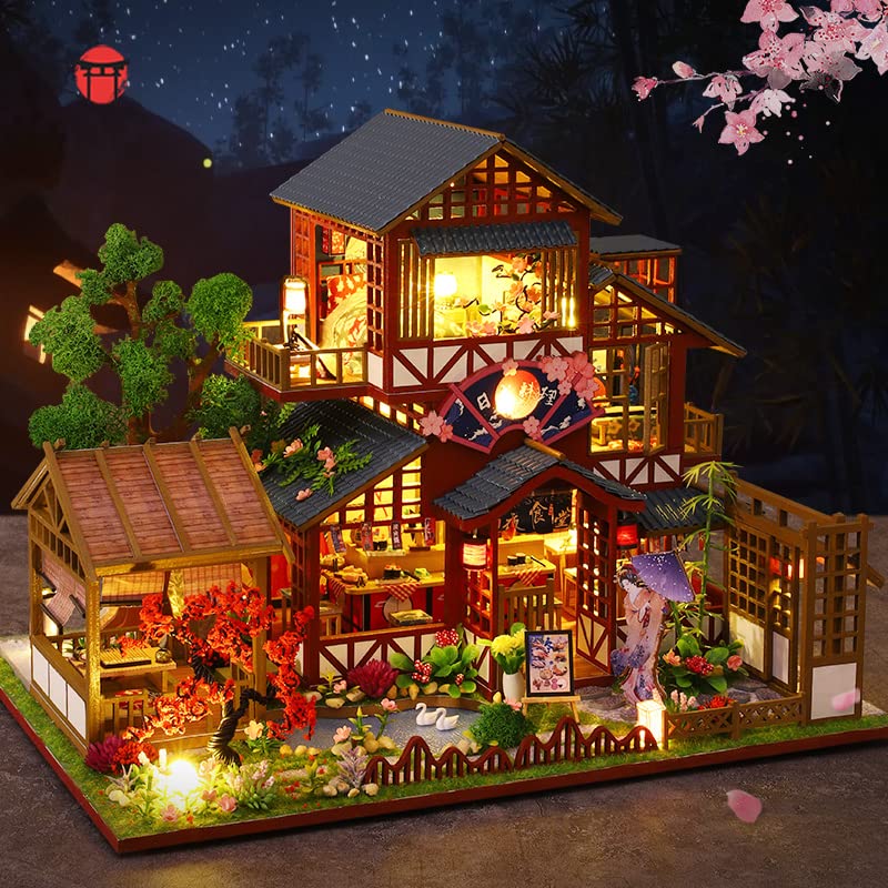 GuDoQi DIY Miniature Dollhouse Kit, 1:24 Scale Tiny House with Music Plant, Model Craft Kit for Adults, Great Handmade Gift for Birthday Christmas Day, Japanese Villa Courtyard - color: Multicolored a